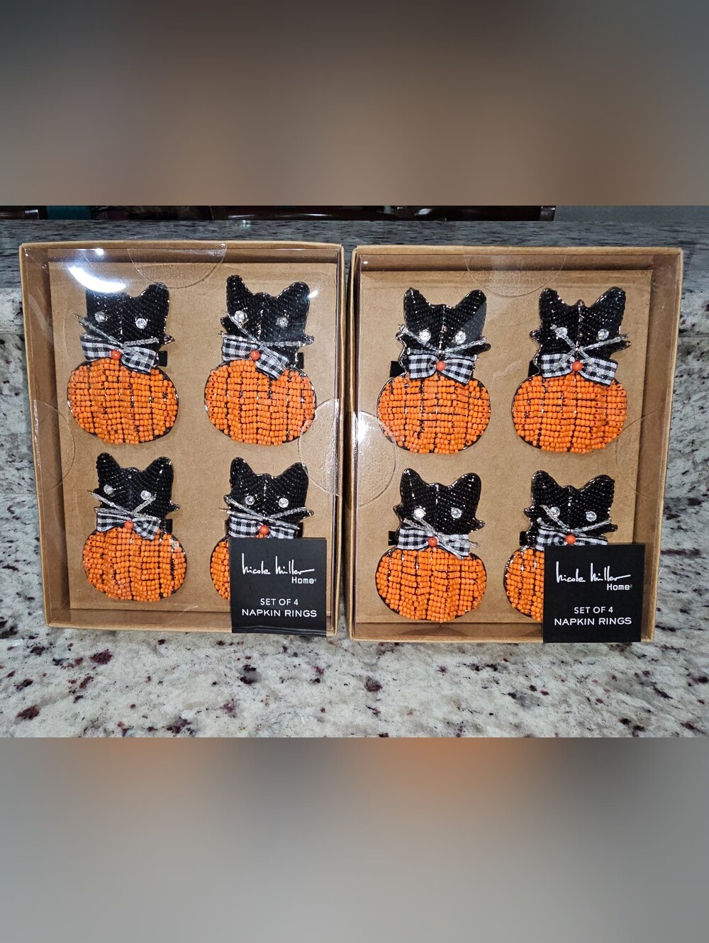 Nicole Miller Cat Beaded Pumpkin Halloween Fall Napkin Rings - 8 Total NEW